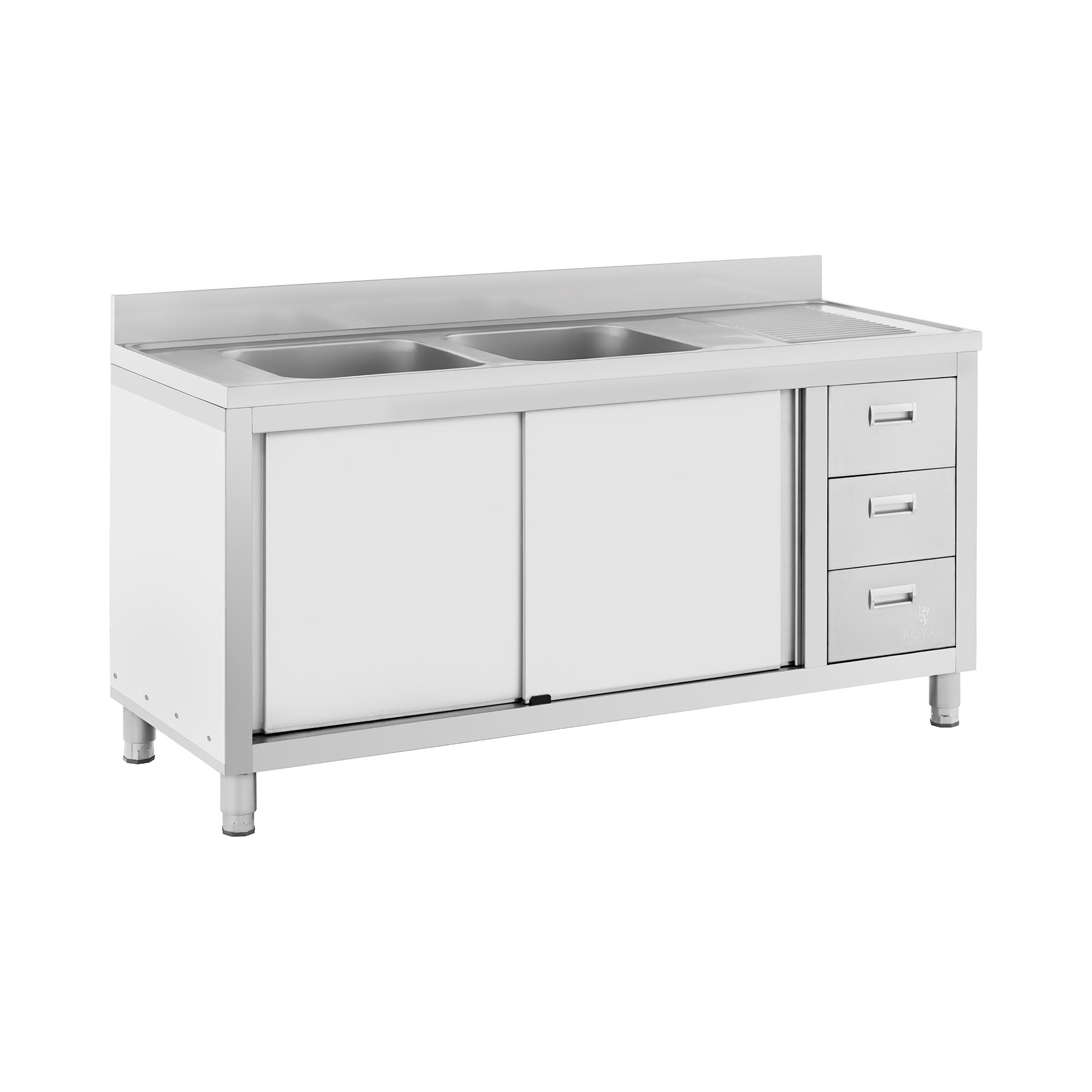 Spülenschrank - 2 Becken - Royal Catering - Edelstahl - 160 x 60 cm