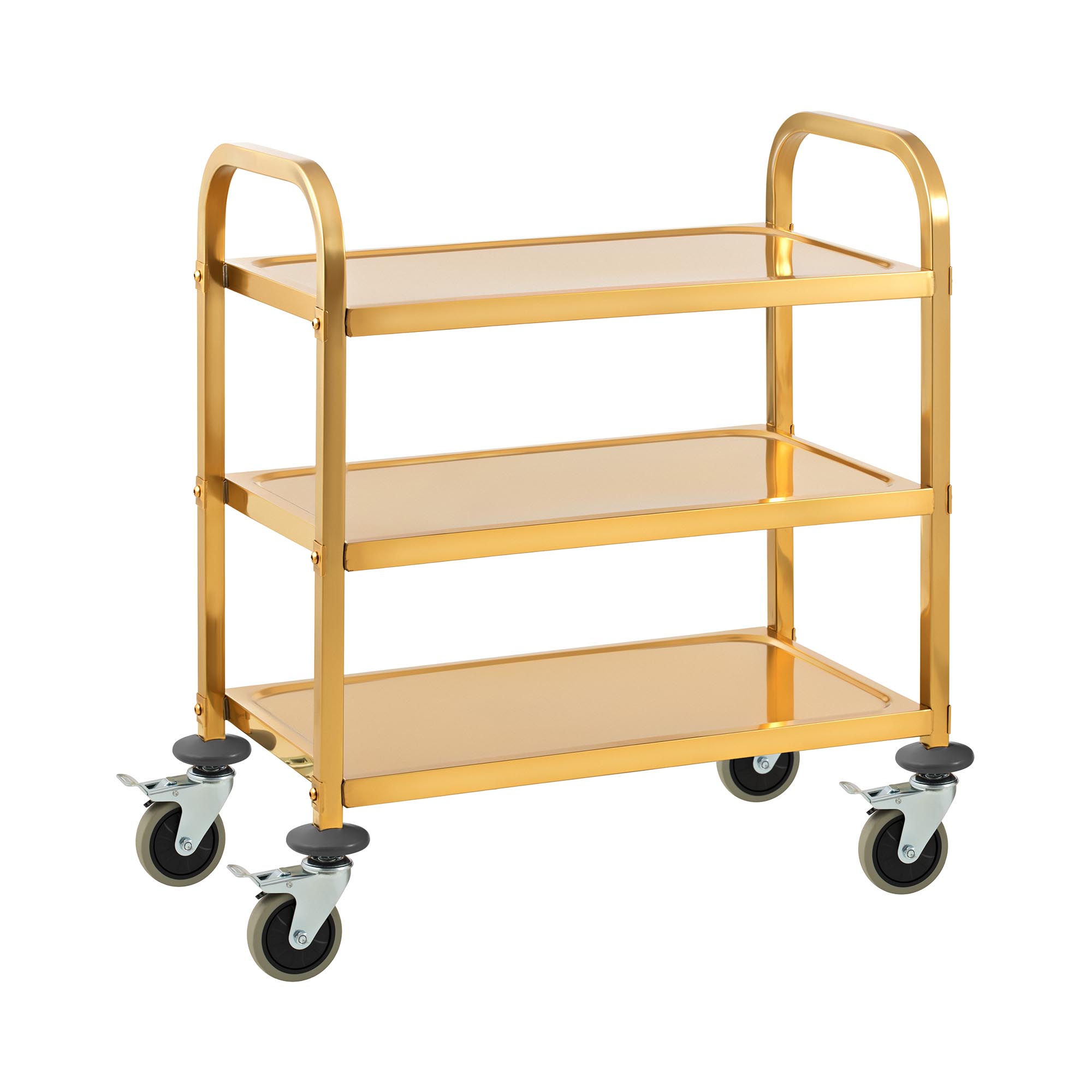 Servierwagen - Edelstahl - 3 Borde - Ablagen: 69 x 40 cm - 300 kg - Anivibrationsmatten - golden - Royal Catering