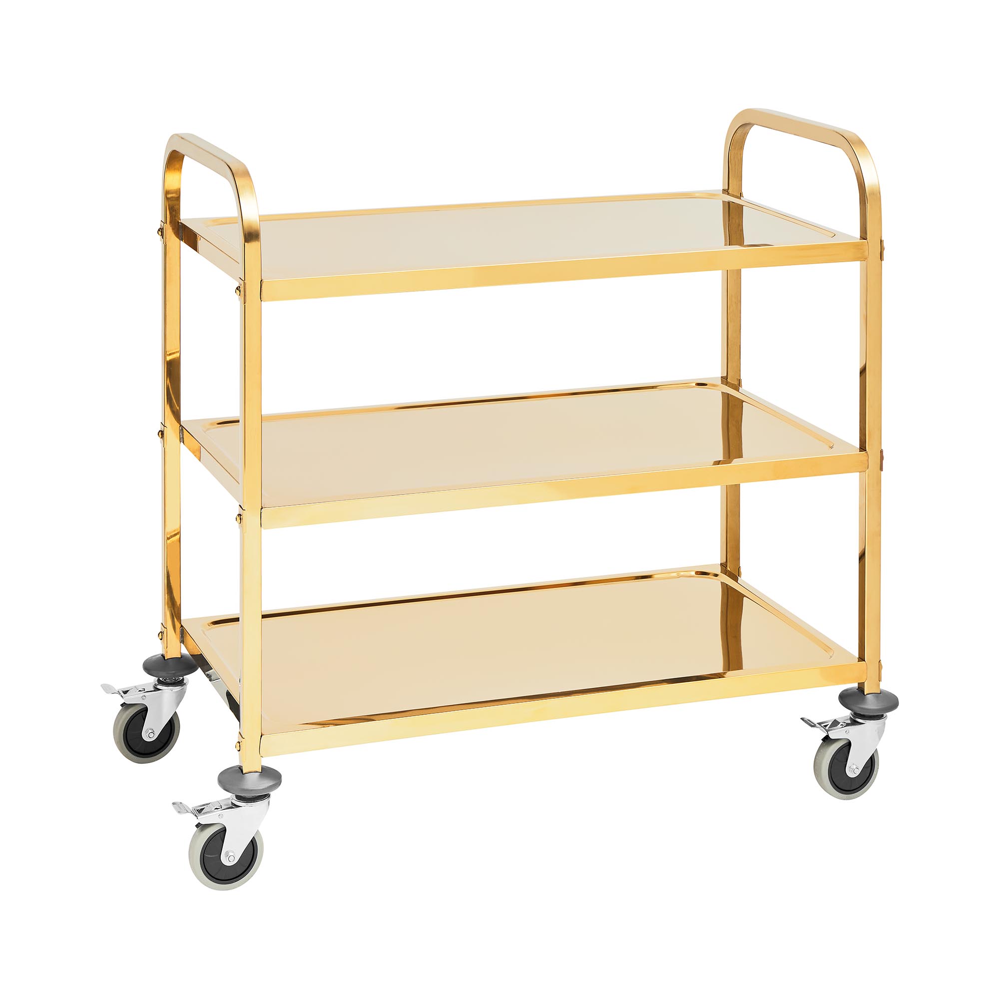 Servierwagen - Edelstahl - 3 Borde - Ablagen: 90 x 50 cm - 300 kg - Anivibrationsmatten - golden - Royal Catering