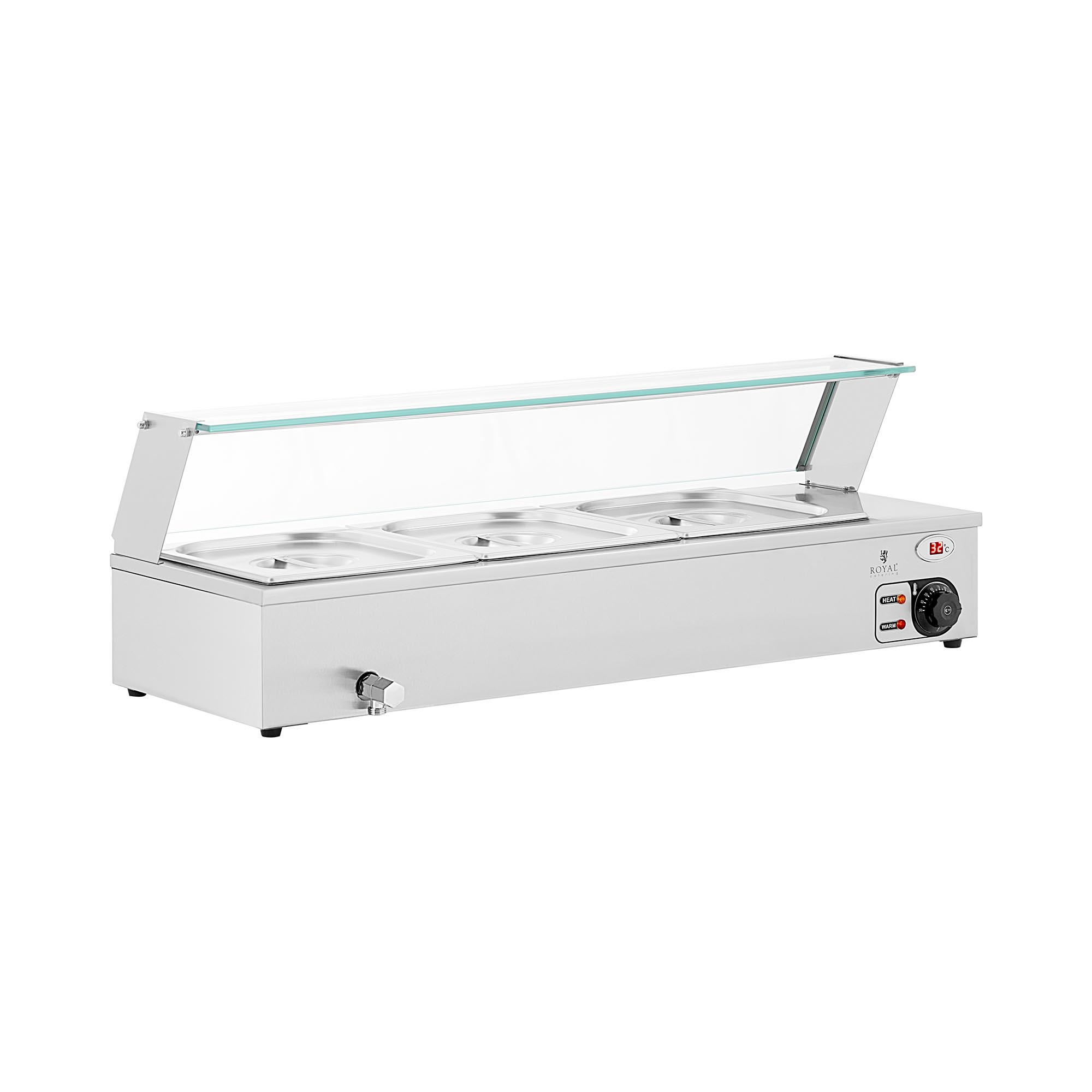 Royal Catering Bain Marie - 2,000 W - 3 GN 1/2 - Ablasshahn - Glasschutz
