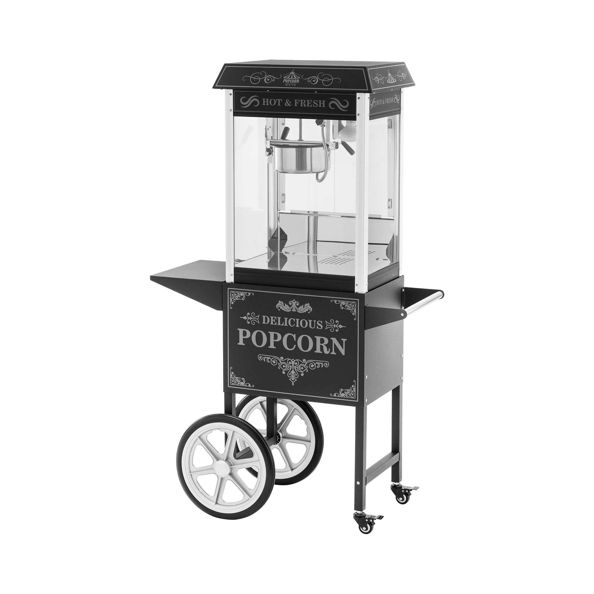 Popcornmaschine mit Wagen - 1500 W - 5 kg/h - Retro-Design - 195 / 235 °C - schwarz - Royal Catering