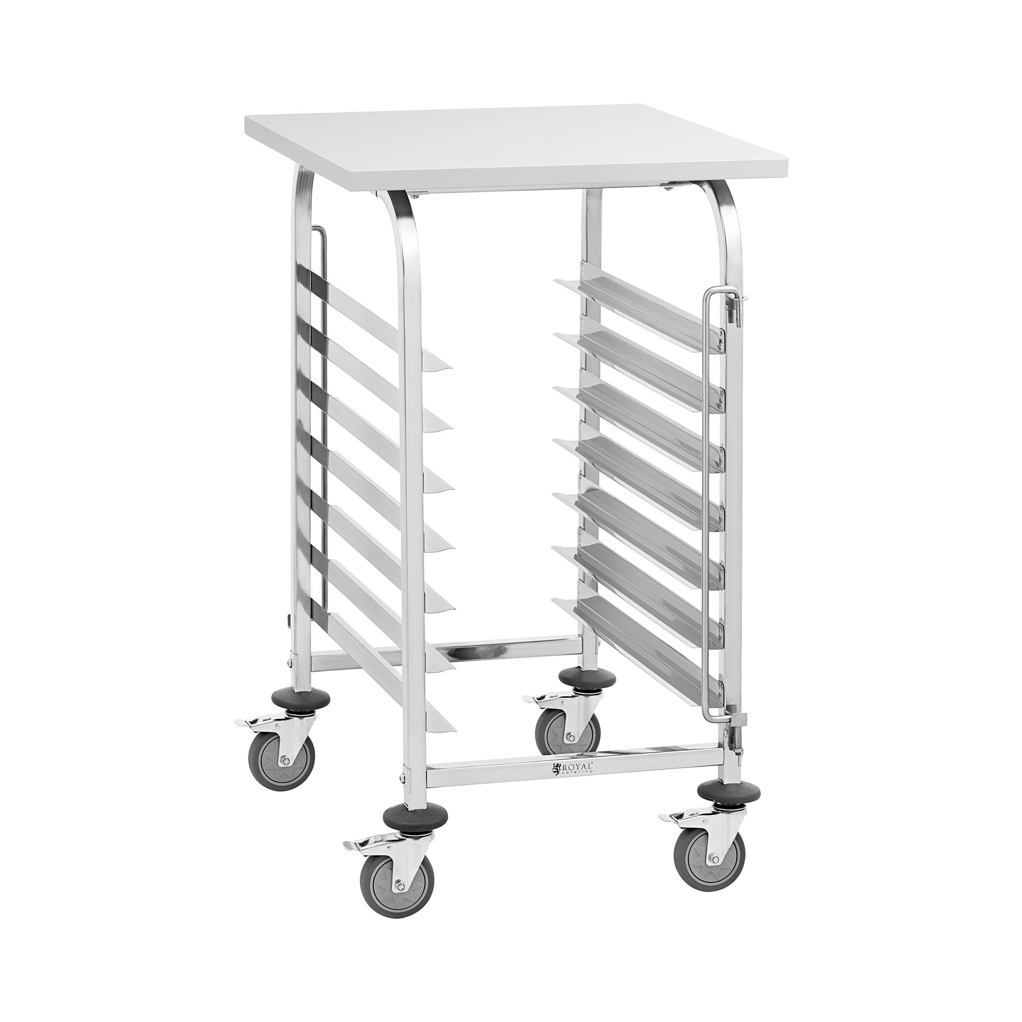 Stikkenwagen - Edelstahl - 7 Einschübe + Ablage - für Tabletts: 40 x 60 cm - Längseinschub - 90 kg - 2 Sicherheitsbügel - Royal Catering