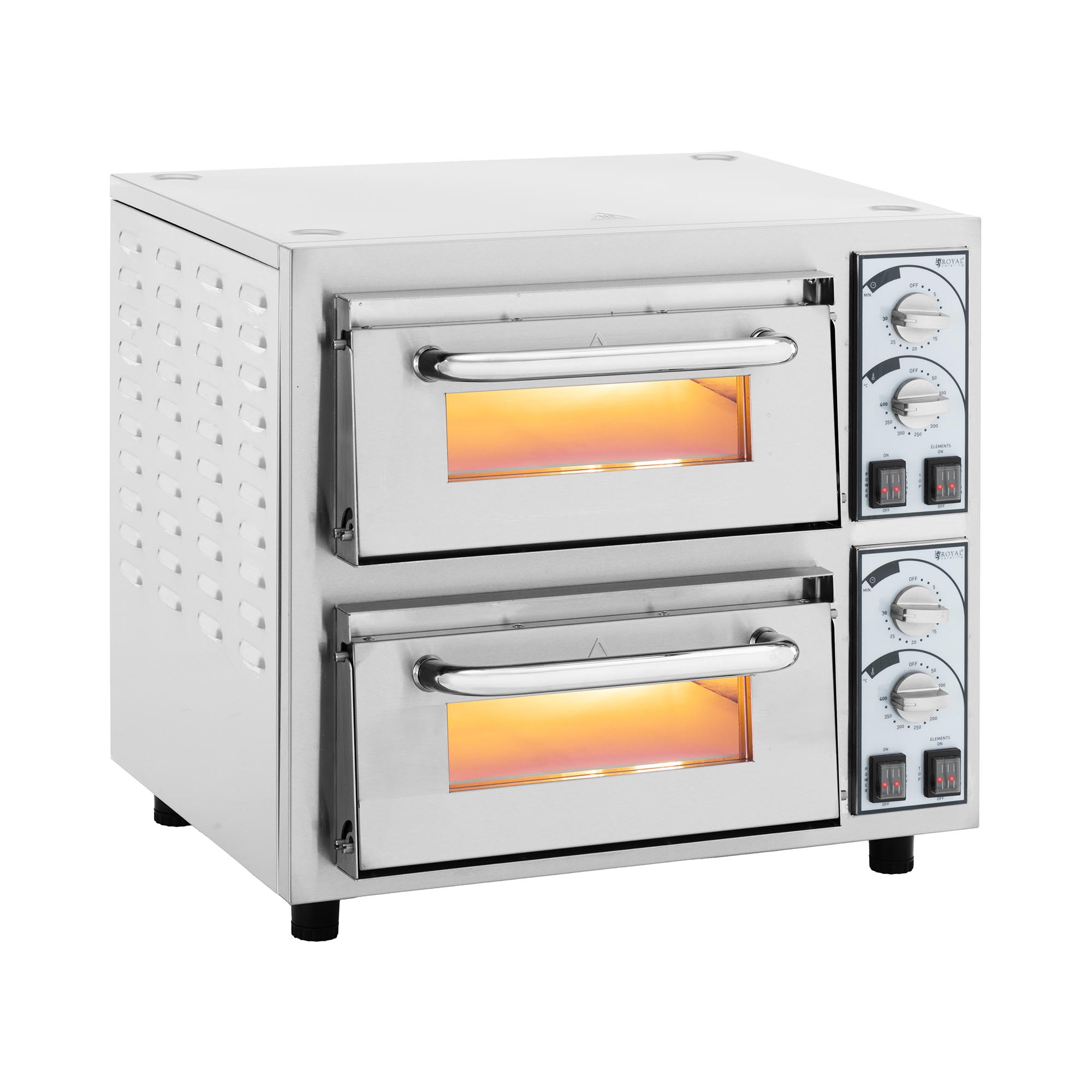 Elektro-Pizzaofen - 1+1 x 35 cm - 2 Kammern - 4400 W - 230 V - manuell - feuerfester Stein - Royal Catering