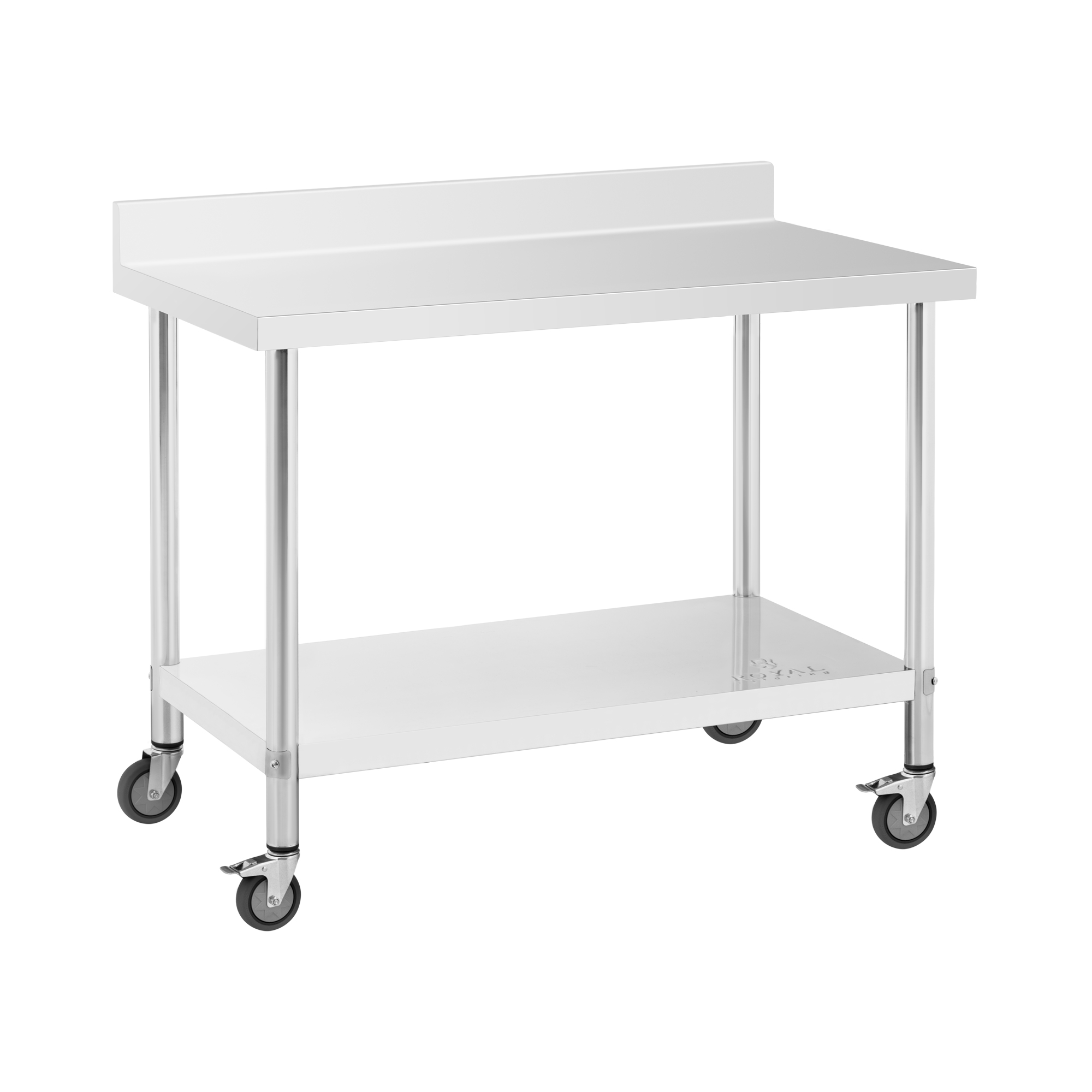 Edelstahltisch mit Rollen - PREMIUM - 60 x 120 cm - 158 kg - Aufkantung - Royal Catering