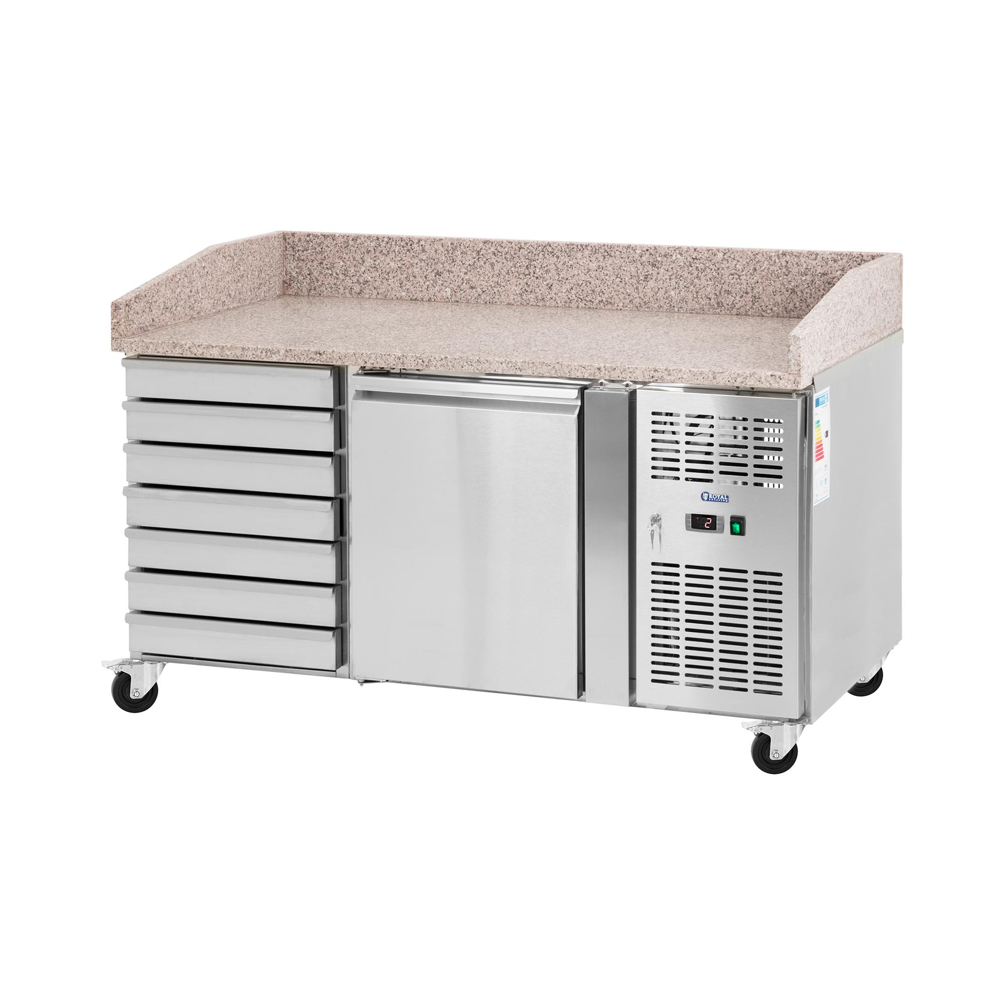 Kühltisch auf Rollen - 165 l - 1 Fach - 7 Schubladen - 151 x 80 cm - Klasse B - Edelstahl - Royal Catering