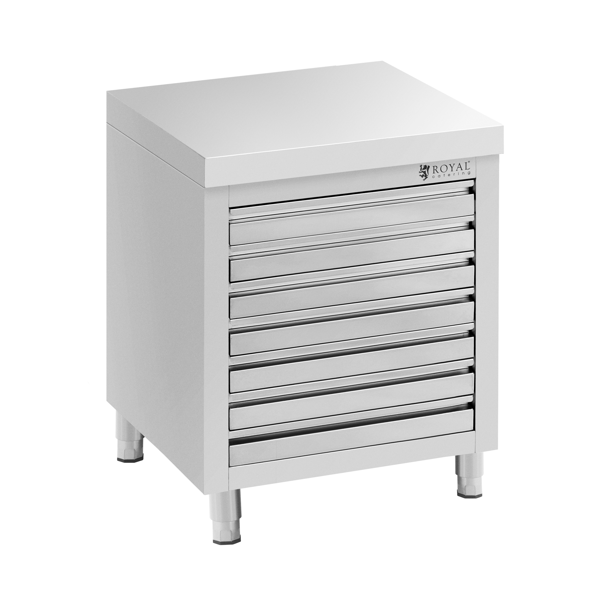 Edelstahl-Arbeitsschrank - 70 x 50 cm - 185 kg - 7 Schubladen für Pizzaballen - Royal Catering