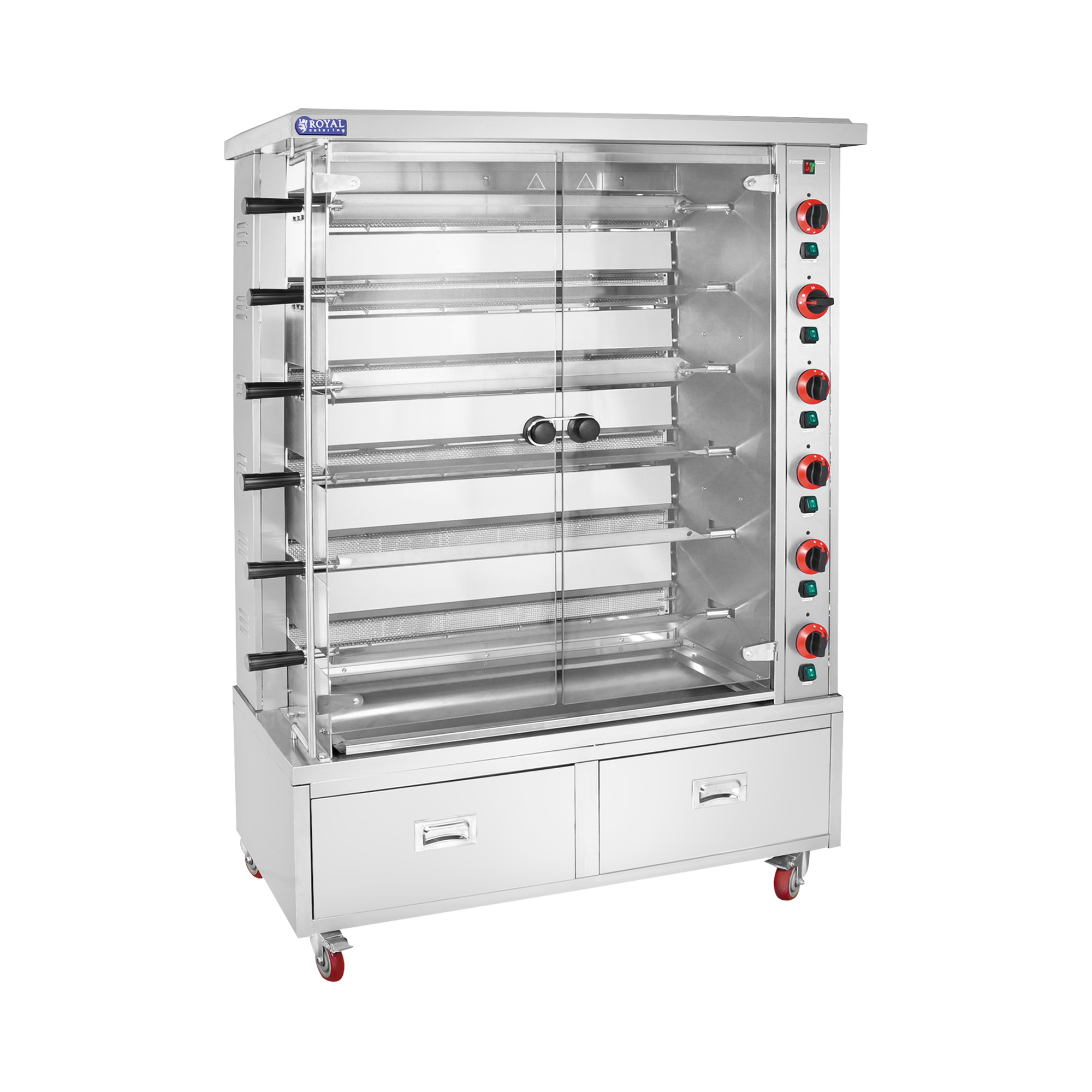 Hähnchengrill Gas - 6 Spieße - mit Beleuchtung, Rädern und 2 Schubladen - Royal Catering