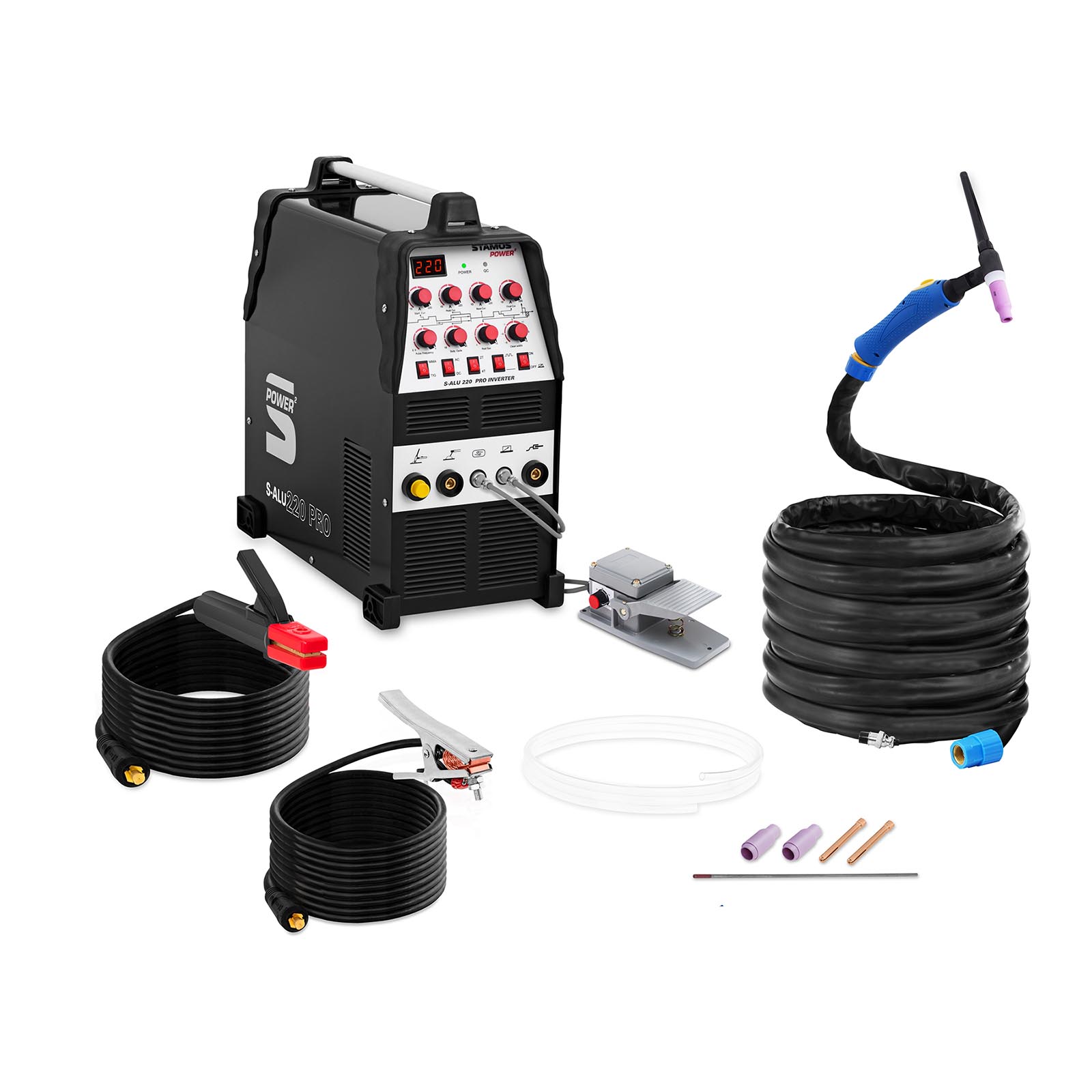 Stamos Power ² WIG-Schweißgerät - AC/DC - MMA - 220 A - 230 V - MOSFET - Puls - 8 m Kabel - Alu-Schweißen