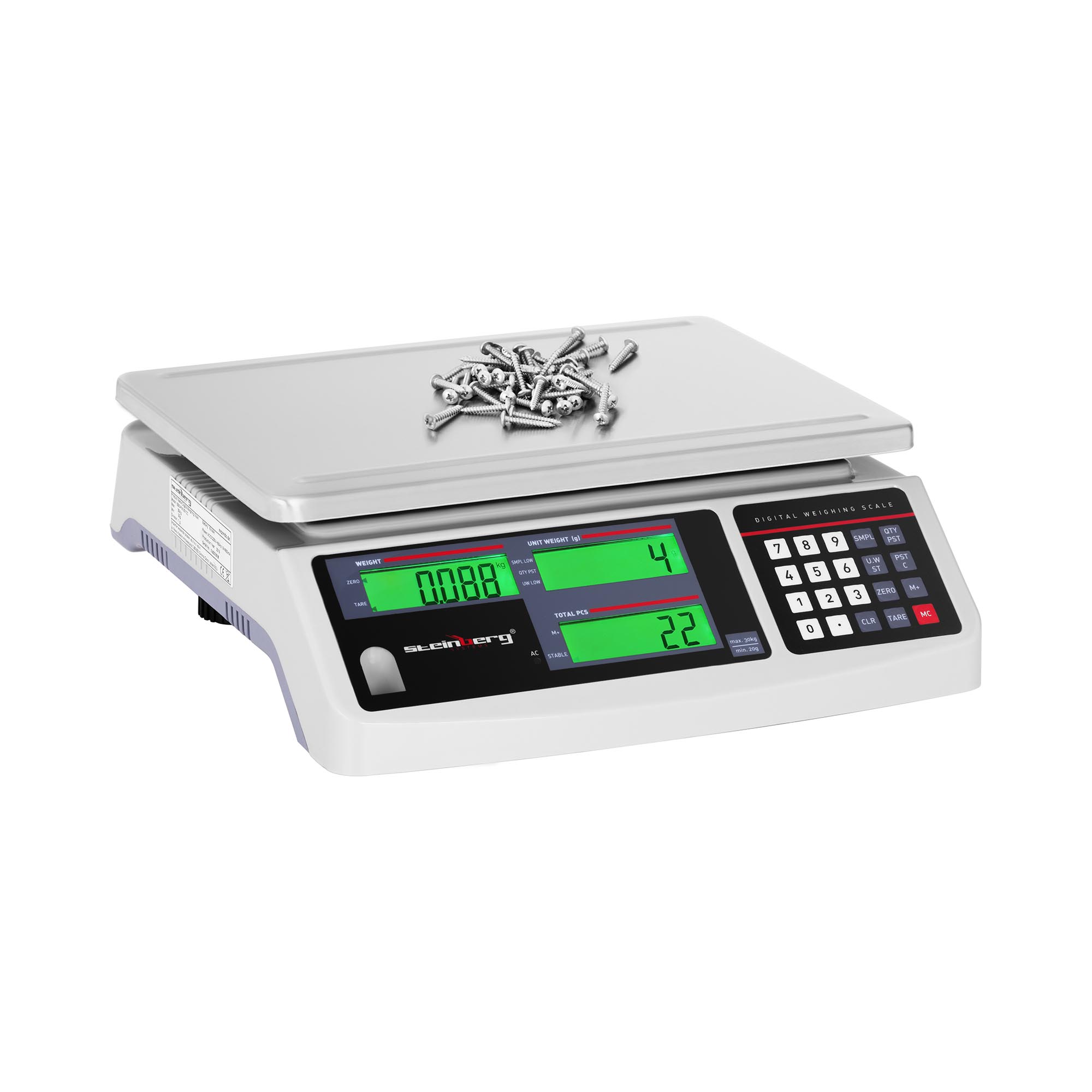 Steinberg Systems Zählwaage - 30 kg / 1 g  - 30,5 x 20 cm - Akku 72 h - 3 LCD