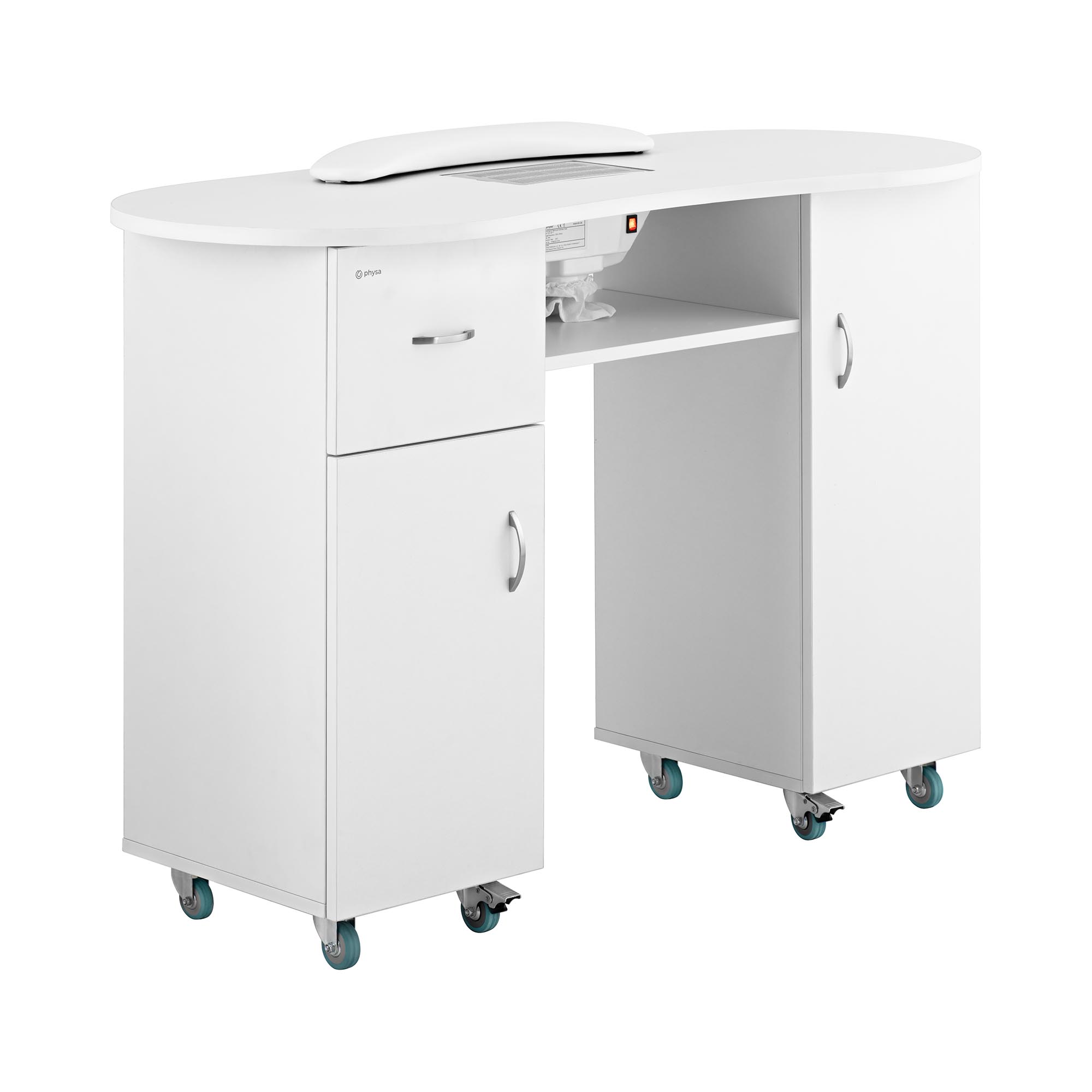 physa Nageltisch - 1.200 x 503 x 803  mm - Weiß - auf 8 Rollen - mit Staubabsaugung und Handablage