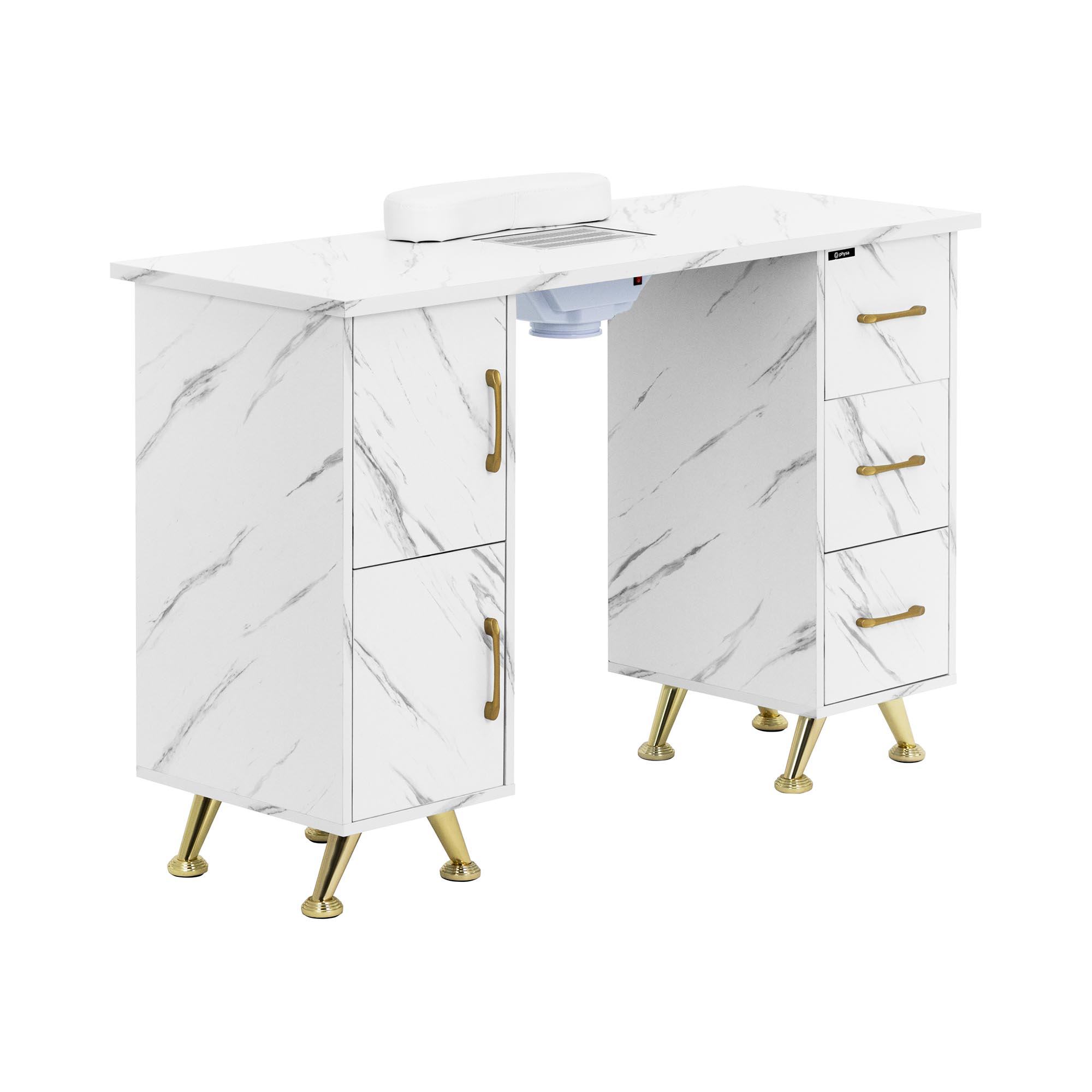 physa Nageltisch - mit Absaugung - Marmoriert / Golden - 3 Schubladen - Handablage