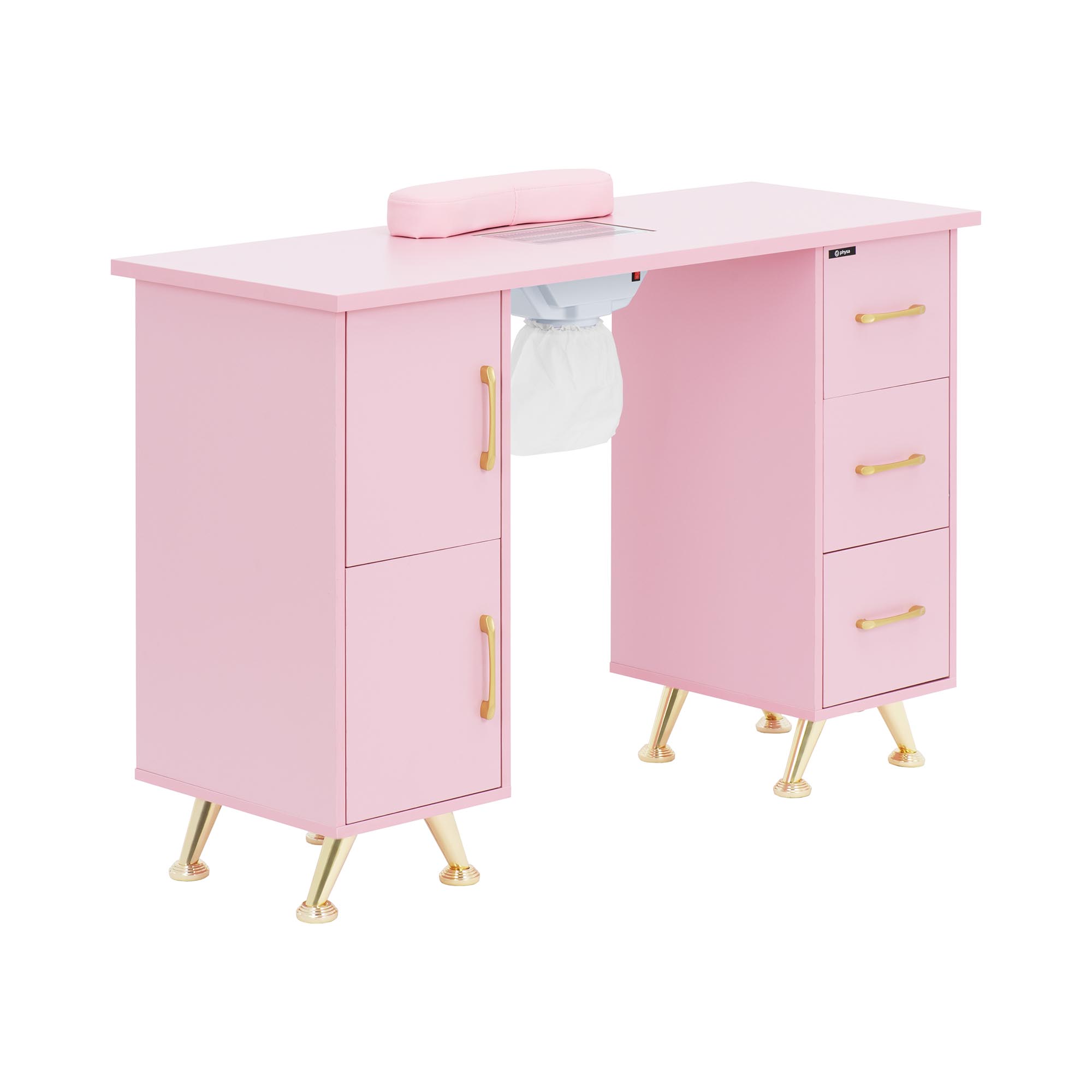 physa Nageltisch - mit Absaugung - Rosa / Golden - 3 Schubladen - Handablage