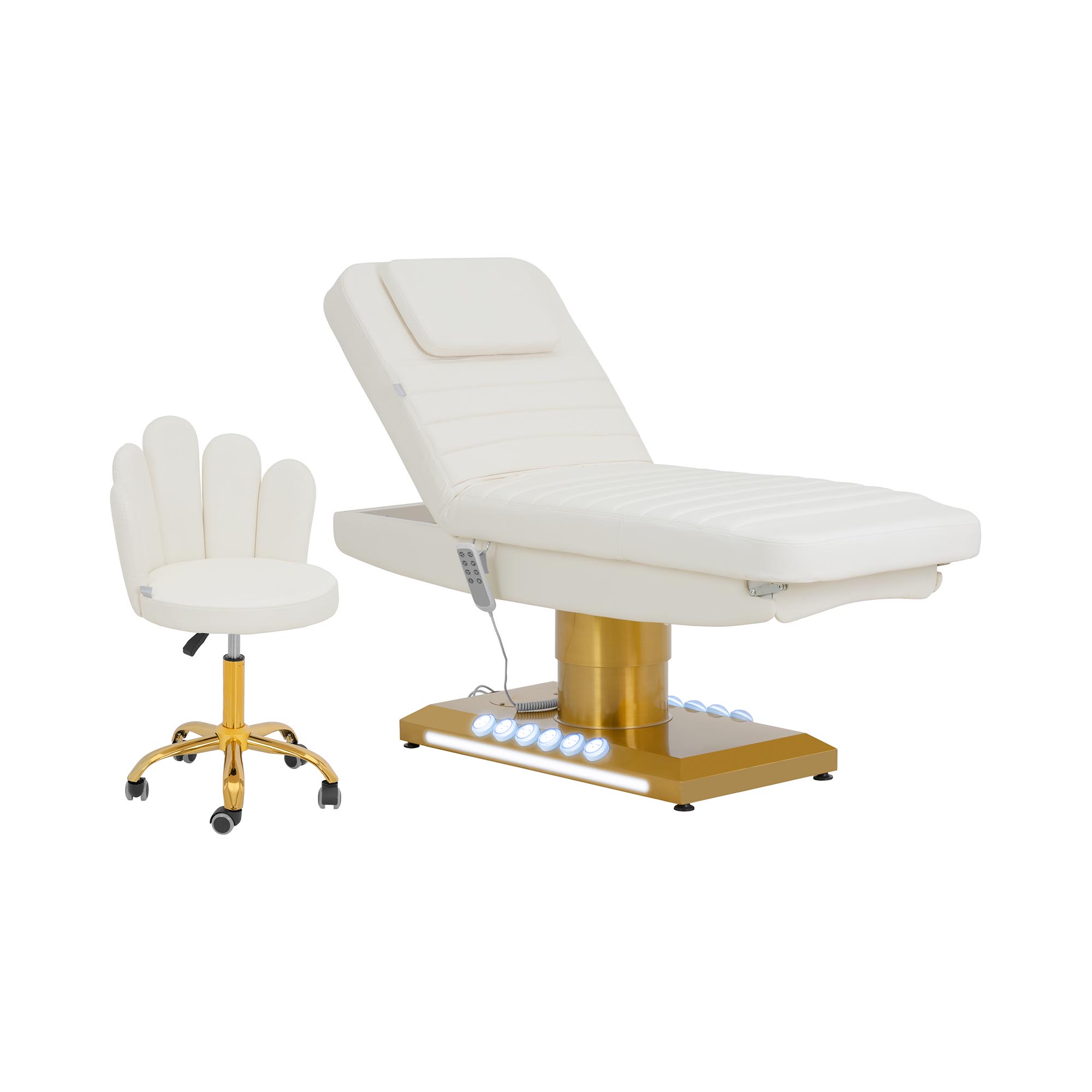 physa Elektrische Kosmetikliege beheizbar mit Rollhocker - 3 Motoren - 300 W - 188 x 70 x 59 - 80 cm - 200 kg - weiß/gold