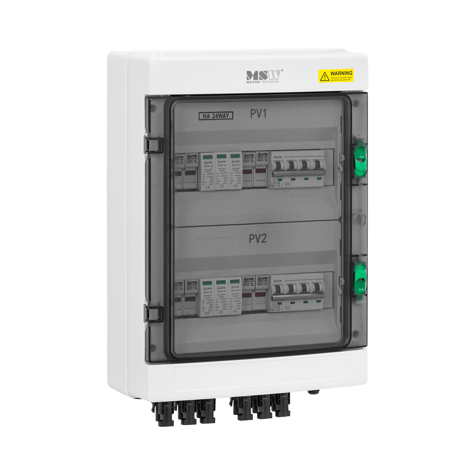 MSW Anschlusskasten mit Überspannungsschutz für PV-Anlage - Typ 2 - 4 Eingänge / 2 Ausgänge - 1000 V - IP65