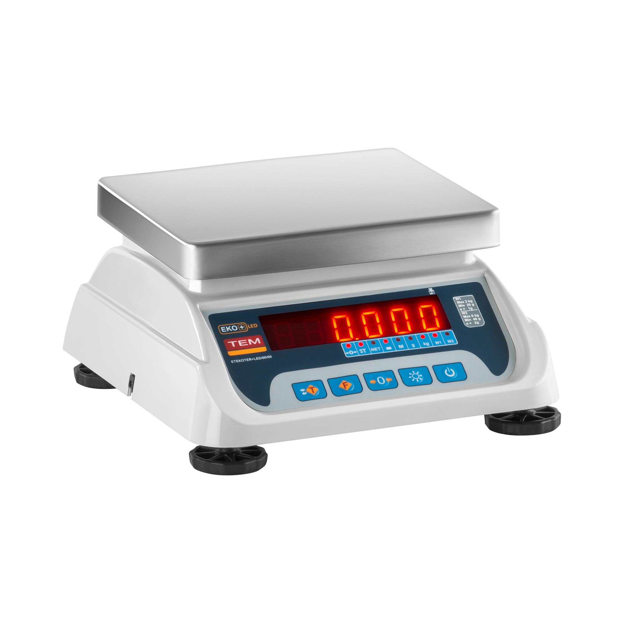 TEM Tischwaage - geeicht - 3 kg / 1 g - 6 kg / 2 g - 19,5 x 24,5 cm - LED