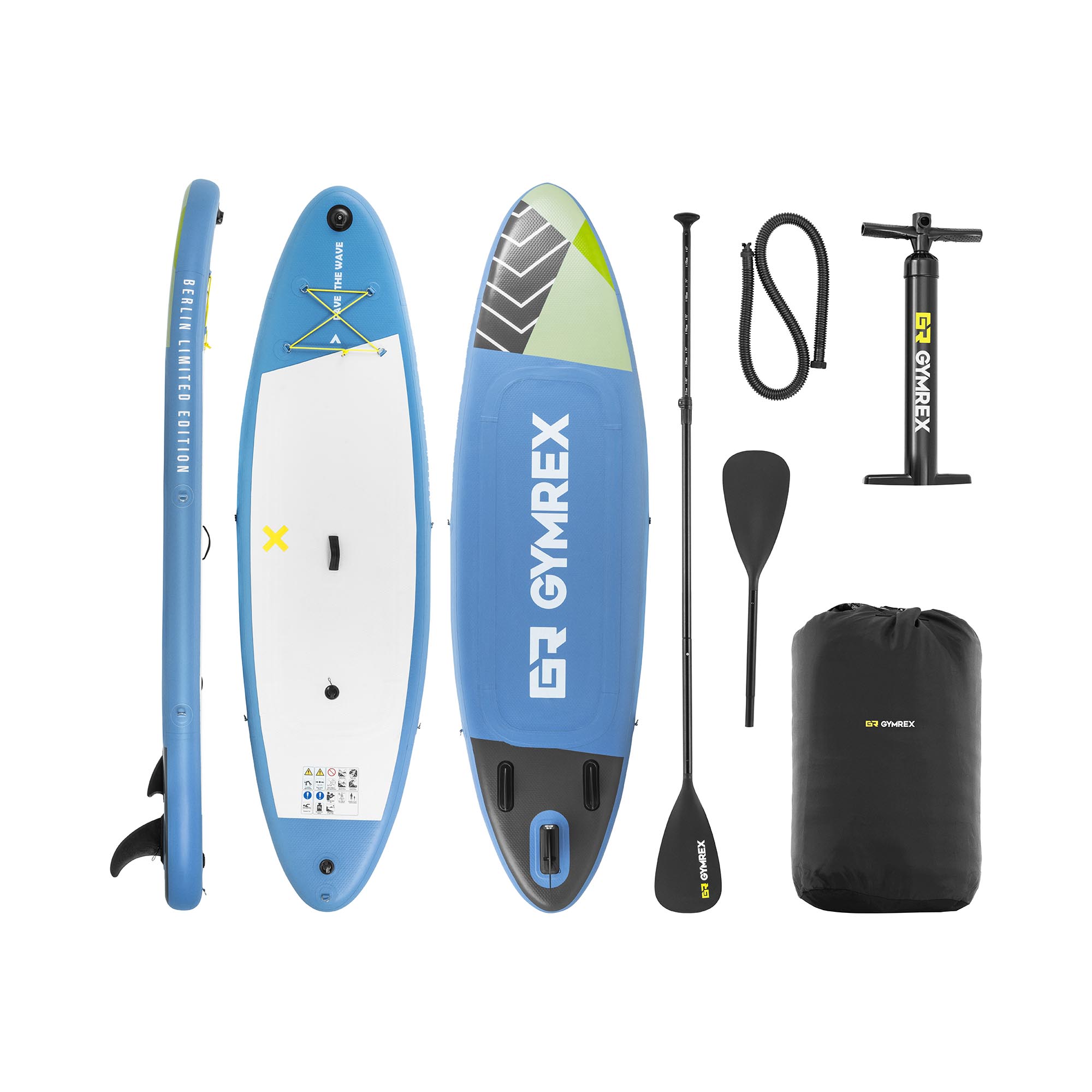 Gymrex Stand Up Paddleboard - aufblasbar - 105 kg - hellblau- Doppelkammer - 302 x 81 x 15 cm
