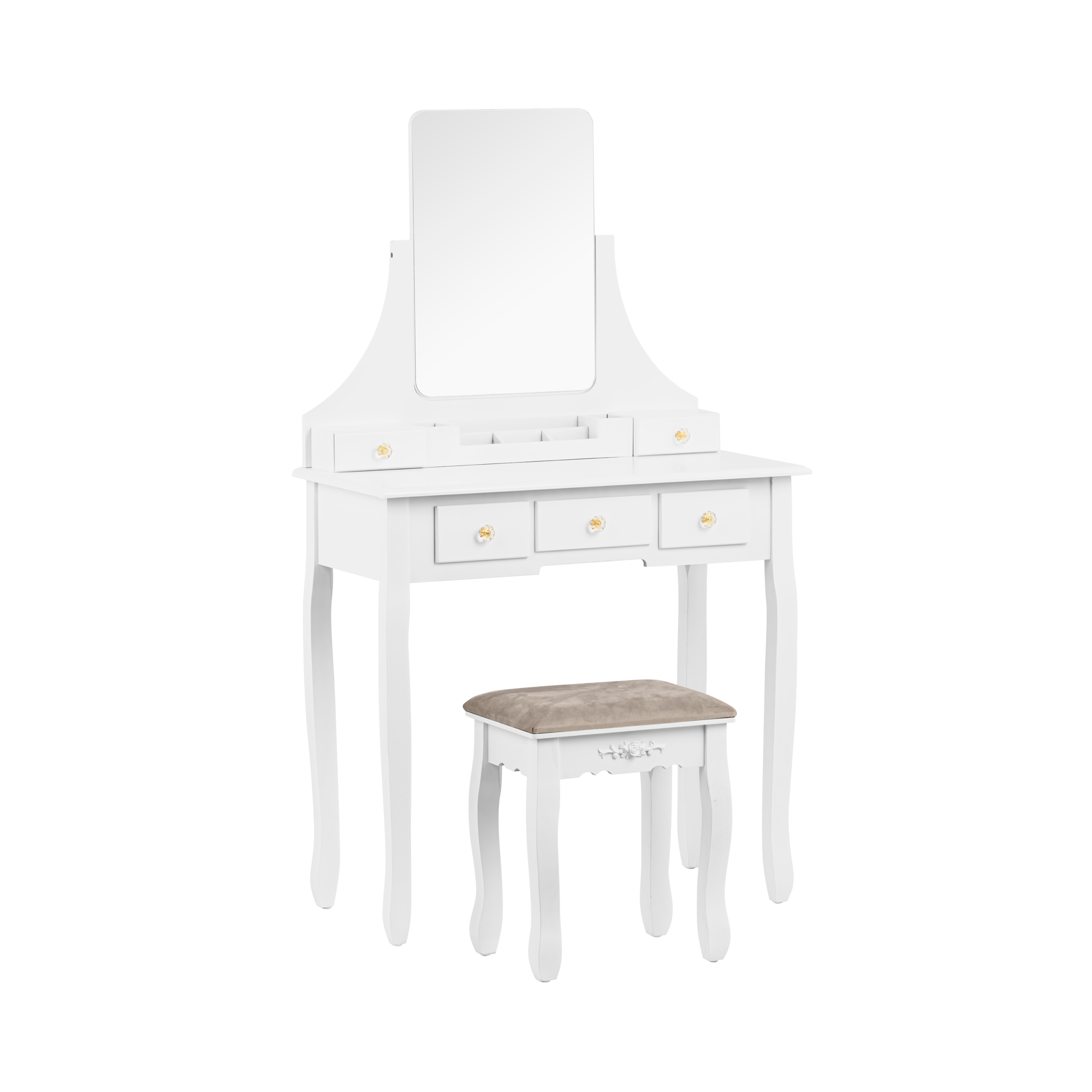 Uniprodo Schminktisch mit rechteckigem Spiegel und Hocker - 5 Schubladen - weiß