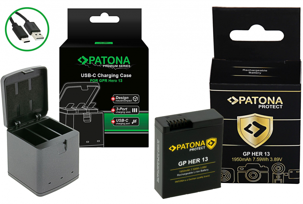 PATONA Ladebox für 3 GoPro HERO13 + 3x Akku