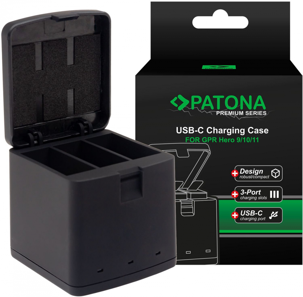 PATONA Premium Ladebox 3 Akkus GoPro Hero 9/10/11/12 inkl. USB-C Kabel