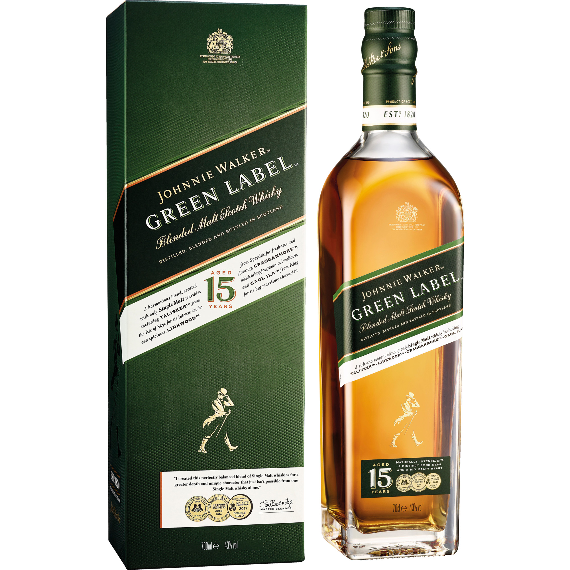 Johnnie Walker Green Label 15 years Scotch Whisky, Schottland, 0,7 L, 43% Vol., Schottland, Spirituosen