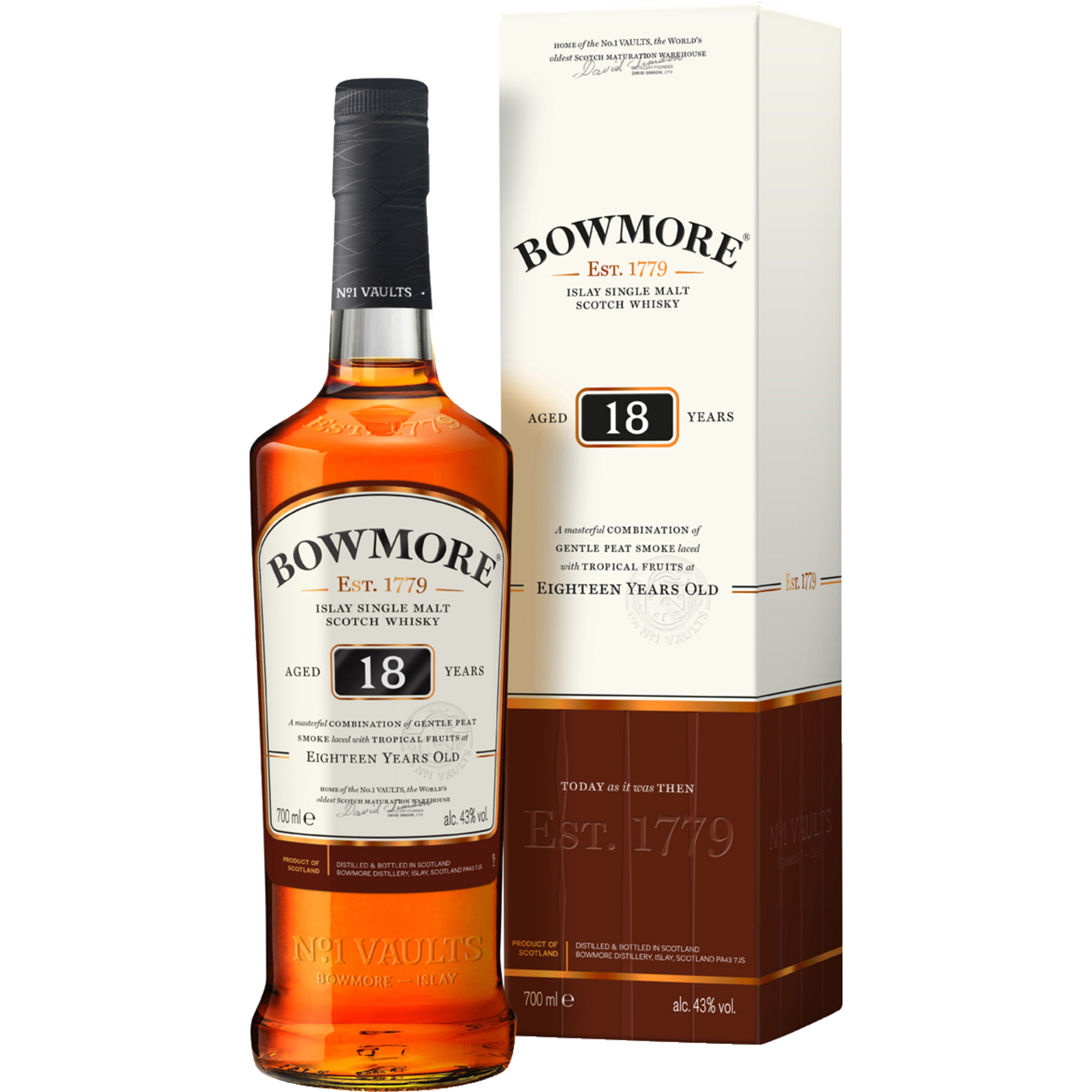Bowmore 18 Years Islay Single Malt Scotch Whisky, 43 % vol. 0,7 L, Schottland, Spirituosen