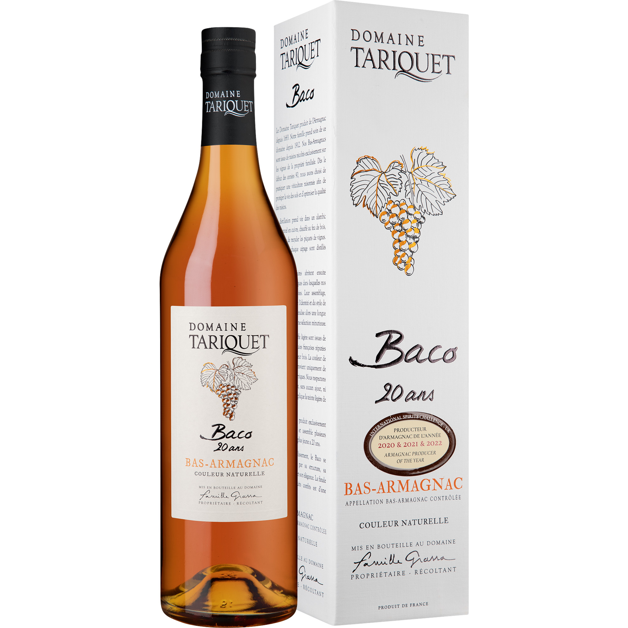 Armagnac Domaine Tariquet Baco 20 Anges, Armagnac AC, 0,7 L, 42% Vol., in Etui, Südwestfrankreich, Spirituosen