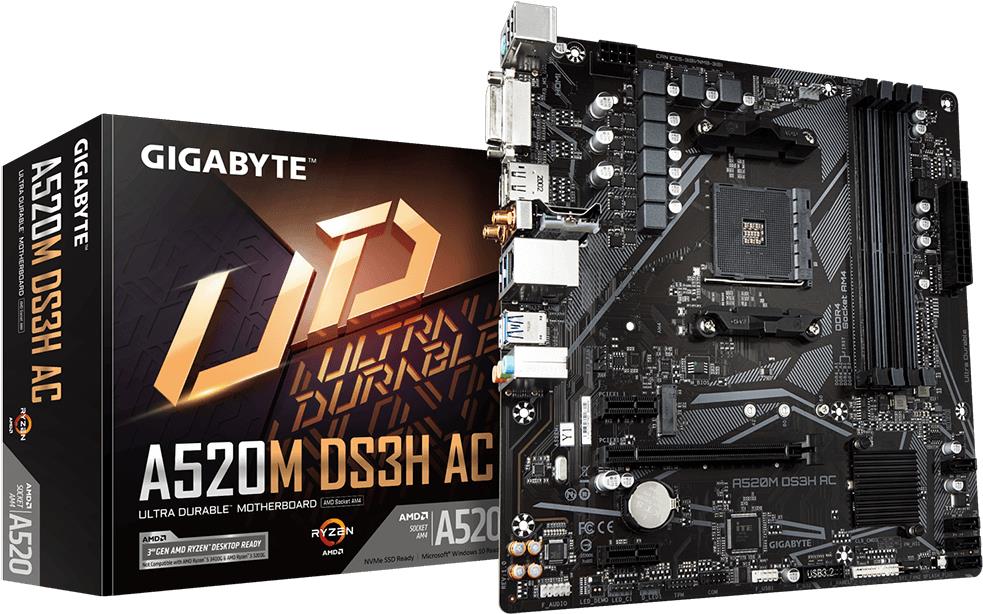 GIGABYTE A520M DS3H AC Mainboard - AMD Ryzen 5000 Serie CPUs - 5+3 Phasen VRM - bis zu 4733 MHz DDR5 (OC) - 1xPCIe 3.0 M.2 - GbE LAN - WIFI 5 - USB 3.2 Gen 1 - AMD - Sockel AM4 - AMD Ryzen 3000 Series - AMD Ryzen Threadripper 3000 Series - AMD Ryzen Threa