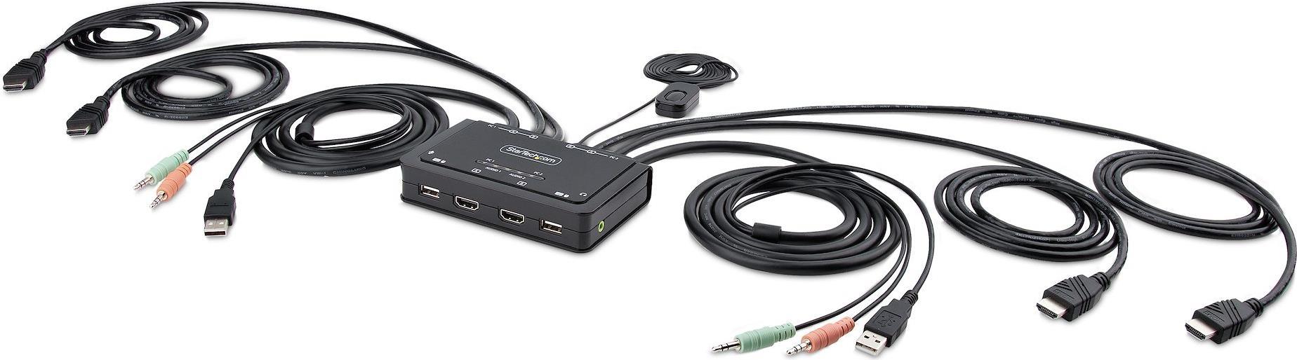 StarTech.com 2-Port Dual-Monitor HDMI Cable KVM Switch, 4K 60Hz, Compact KVM with 5ft/1,5m USB-A/HDMI/Audio Integrated Cables, Bus Powered - Remote Push Button/Hotkey Switching (C2-DH46-UA2-CBL-KVM) - KVM-/Audio-/USB-Switch - kompakt - 2 x KVM/Audio/USB -