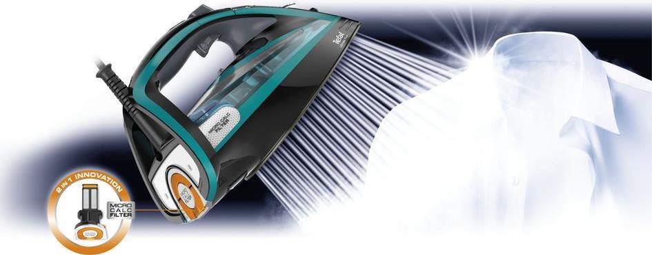 Tefal Ultimate Pure FV9844 Bügeleisen Trocken- & Dampfbügeleisen Durilium Selbstreinigende Grundplatte Schwarz - Blau 3200 W (FV9844)