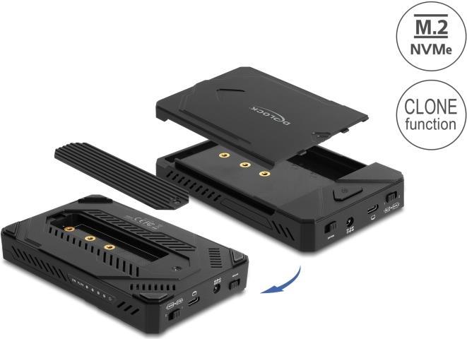 Delock - Speichergehäuse - für 1 x M.2 NVMe SSD + 1 x 2.5 SATA SSD / HDD, USB Typ C, mit Klonfunktion - 2.5, M.2 (6,4 cm) - M.2 NVMe Card / SATA 6Gb/s - USB4 - Schwarz (42020)