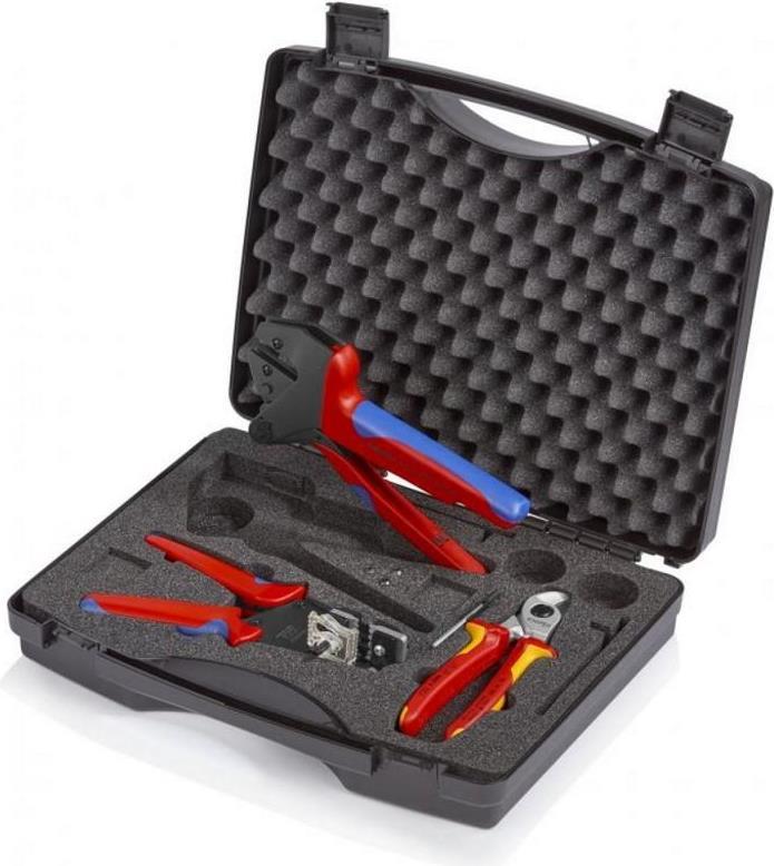 KNIPEX 97 91 03 Elektriker Werkzeugkoffer bestückt B x H T 345 80 280 - Werkzeugkoffer für Photovoltaik· Bestückt mit Werkzeugen für die Photovoltaik· Mit Präzisions-Abisolierzange 12 12 11 mit Formmessern für kleinere Abisolierwerte 1,5 / 2,5 / 4,0 / 6,0