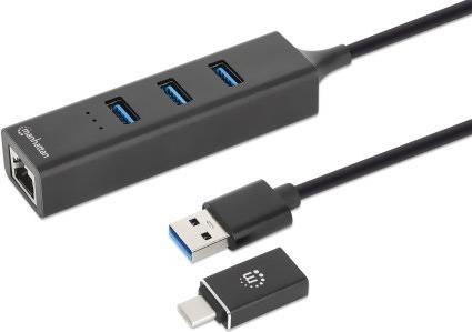 MANHATTAN 3-Port USB 3.0 Typ-C / Typ-A Kombo-Hub mit Gigabit Ethernet-Netzwerkadapter USB-A-Stecker mit abnehmbarem USB-C-Adapterstecker auf RJ45-Buchse und drei USB-A-Buchsen, 5 Gbit/s SuperSpeed USB (USB 3.2 Gen 1), Stromversorgung über USB, schwarz (18