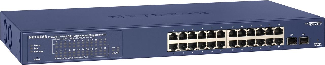 NETGEAR Smart GS724TPv2 - Switch - Smart - 24 x 10/100/1000 (PoE+) + 2 x 1000Base-X SFP (Uplink) - an Rack montierbar - PoE+ (190 W) (GS724TP-200EUS)
