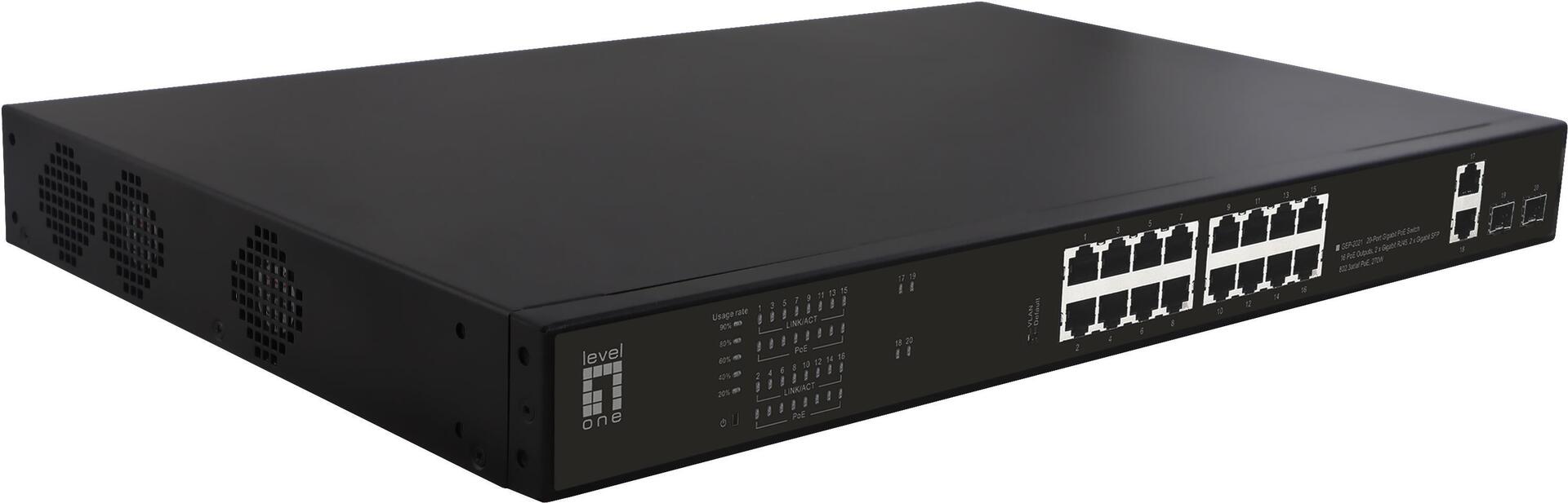 LevelOne GEP-2021 - Switch - 16 x 10/100/1000 (PoE) + 2 x 10/100/1000 + 2 x Gigabit SFP (Uplink) - Desktop, an Rack montierbar - PoE (270 W) (GEP-2021)