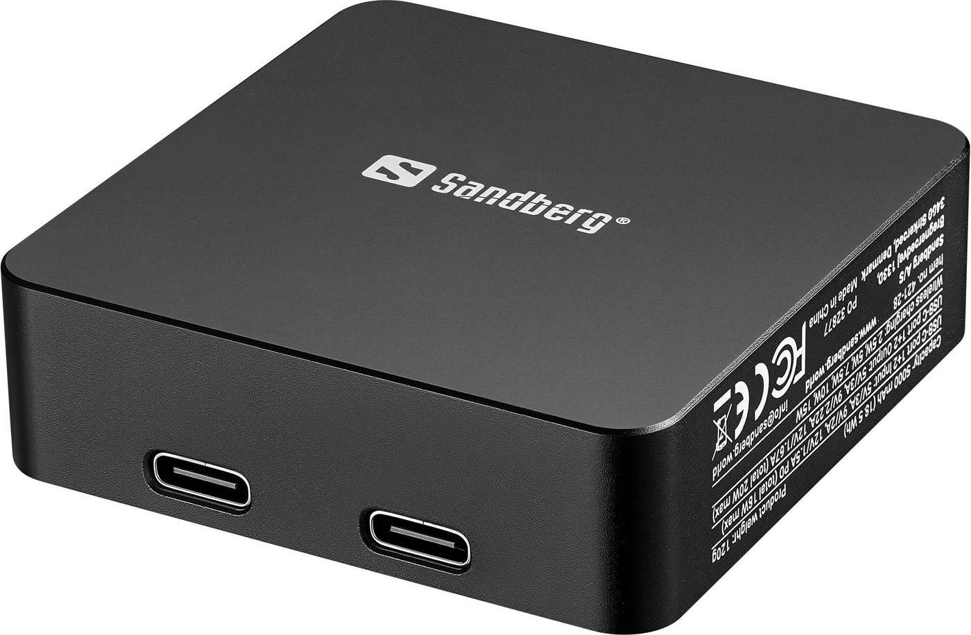 SANDBERG 3in1 - Induktive Power Bank - 5000 mAh - 18.5 Wh - 20 Watt - 3 A - PD - 2 Ausgabeanschlussstellen (24 pin USB-C) (421-28)