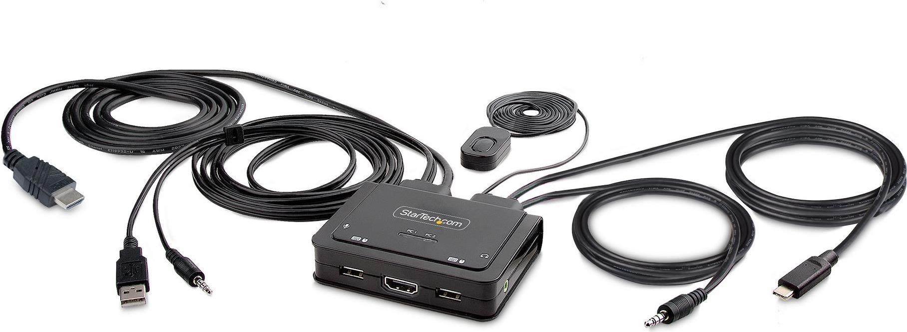 StarTech.com 2-Port Hybrid USB-C HDMI Cable KVM Switch, 4K 60Hz, Compact KVM with 6ft/1.8m USB-A/HDMI/Audio & 4ft/1.2m USB-C Integrated Host Cables, Bus Powered - Remote Push Button/Hotkey Switching (C2-H46-UAC-CBL-KVM) - KVM-/Audio-/USB-Switch - kompakt