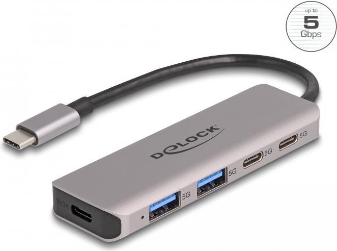 DeLOCK USB 5 Gbps 2 Port USB Type-C und 2 Port Typ-A Hub mit USB Type-C Anschluss - USB 3.2 Gen 1 (3.1 Gen 1) Type-C - USB 3.2 Gen 1 (3.1 Gen 1) Type-A - USB 3.2 Gen 1 (3.1 Gen 1) Type-C - 5000 Mbit/s - Grau - Metall - Rundkabel (64239)