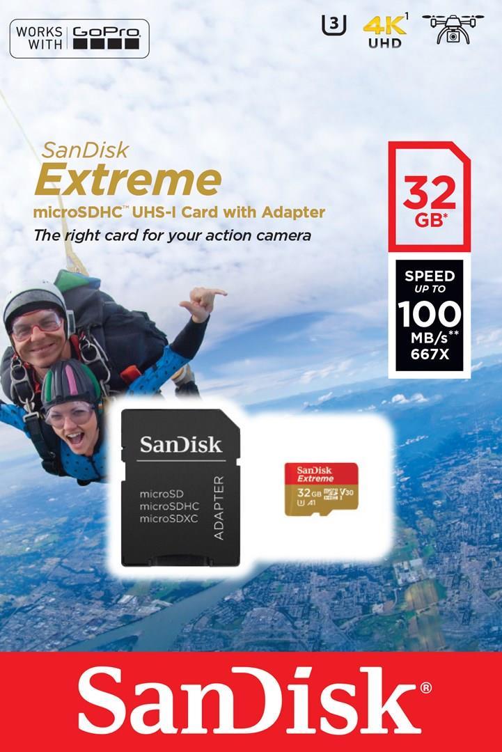 SanDisk Extreme - Flash-Speicherkarte (microSDHC/SD-Adapter inbegriffen) - 32GB - A1 / Video Class V30 / UHS-I U3 - microSDHC UHS-I (SDSQXAF-032G-GN6AA)