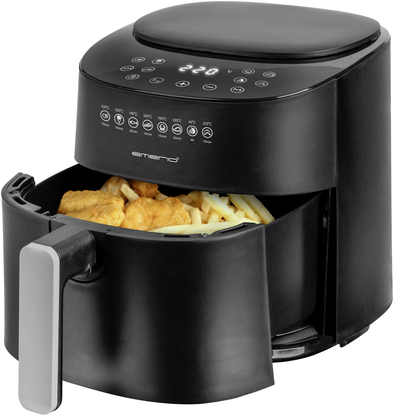 Emerio AF-129369. Produkttyp: Heißluftfritteuse, Fassungsvermögen: 4,5 l. Bauart: Einzelbild, Produktfarbe: Schwarz, Steuerung: Berührung. Leistung: 1300 W. Verpackungsbreite: 309 mm, Verpackungstiefe: 395 mm, Verpackungshöhe: 307 mm (AF-129369)