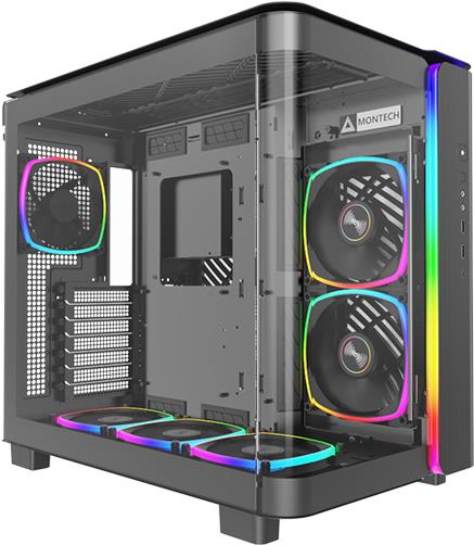 MONTECH KING 95 PRO Midi-Tower Tempered Glass ARGB - schwarz - Gut ausgestatteter Midi-Tower - Vorderseite und Seitenteil aus Tempered Glass - linkes Seitenteil und Deckel mit Lüftungsschlitzen - 6x 140er-ARGB-PWM-Lüfter vorinstalliert - GPU-Länge von bis