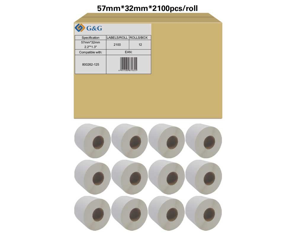 G&G Etikettenrollen für Etikettendrucker ersetzt Zebra 800262-125 weiß, 57,0 x 32,0 mm, 12 x 2100 Etiketten (19750)