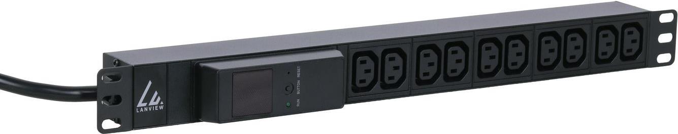 Lanview LVR261877. PDU-Typen: Messgerät, Rack-Kapazität: 1U, Typ: Einphasig. Anzahl der AC-Ausgänge: 10 AC-Ausgänge, AC-Steckertypen: C13-Koppler, Stecker: IEC 60309. Kabellänge: 3 m, Messen: AMP. Überwachung: Strom. Nominale Eingang Spannung: 230 V, Stro