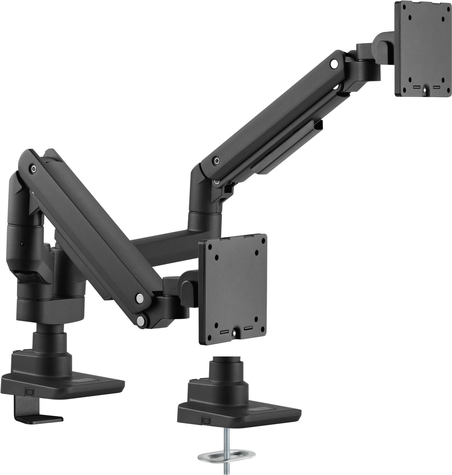 equip - Befestigungskit (Kabeldurchführungsklemme, Schrauben, Klemmhalterung, Tisch-Montagearm) - Gasfeder - für 2 LCD-Displays / Curved LCD-Displays - schwerlast - Kunststoff, stainless steel, Aluminium - Schwarz - Bildschirmgröße: 43,2-88,9 cm (17-35) -