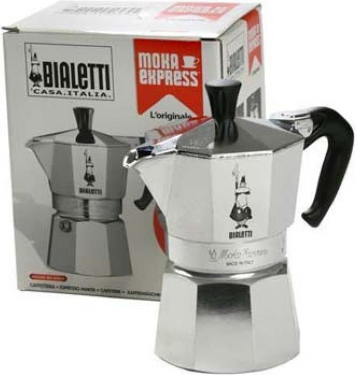 Bialetti Moka Express. Fassungsvermögen: 0,55 l, Produktfarbe: Aluminium, Schwarz, Kapazität (in Tassen): 9 Tassen. Menge pro Packung: 1 Stück(e). Menge je Palette: 252 Stück(e), Gewicht Versandkarton: 5,8 kg, Menge pro Versandkarton: 6 Stück(e) (0001165/
