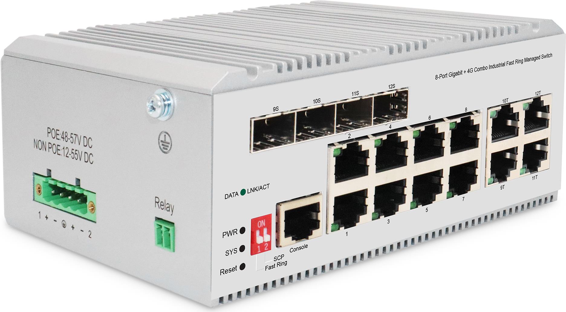 Digitus 8 Port Gigabit Ethernet Netzwerk Switch, Industrial, L2 managed, 4 SFP Uplink. Switch-Typ: Managed, Switch-Ebene: L2. Basic Switching RJ-45 Ethernet Ports-Typ: Gigabit Ethernet (10/100/1000), Anzahl der basisschaltenden RJ-45 Ethernet Ports: 8, Ko