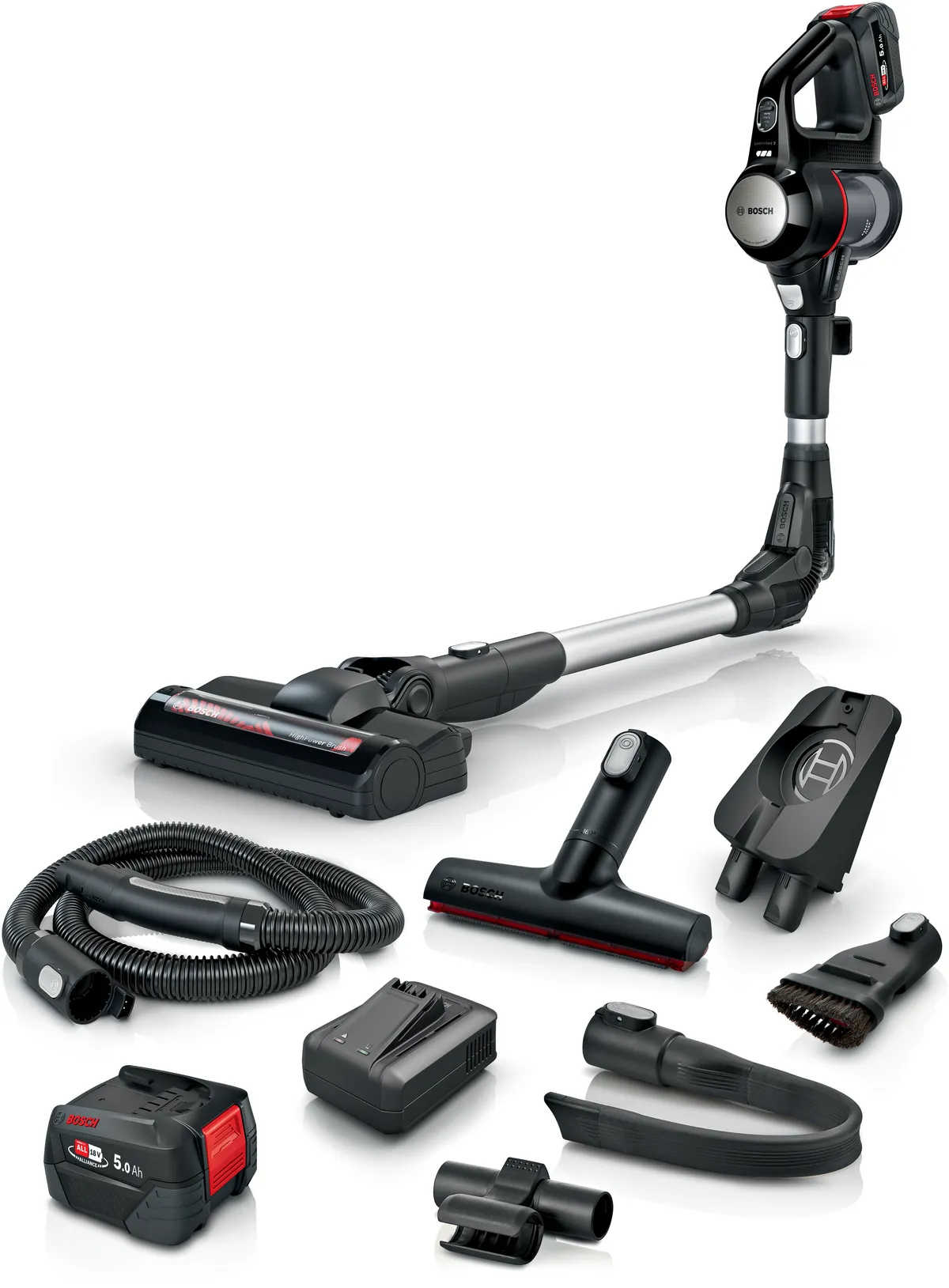 Bosch Akku-Staubsauger Unlimited 7 BSS715FRSH, kabellos, Knickrohr, Hygiene-Filter, 10 Jahre Motorgarantie, 1X 5.0 Ah Akku, Schnellladegerät, XXL-Polsterdüse, Turbodüse, Made in Germany, schwarz (BSS715FRSH) - Sonderposten