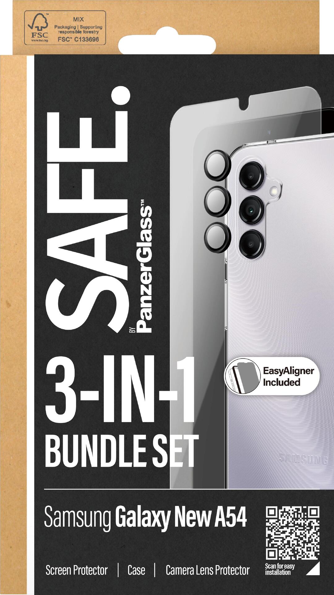 PanzerGlass SAFE. by ® 3-in-1 Schutz Set Samsung Galaxy New A54 5G. Markenkompatibilität: Samsung, Kompatibilität: Samsung - Galaxy new A54 5G. Trockene Anwendung. Schutzfunktion: Kratzresistent, Schockresistent. Material: Polyethylenterephthalat, Gehärte