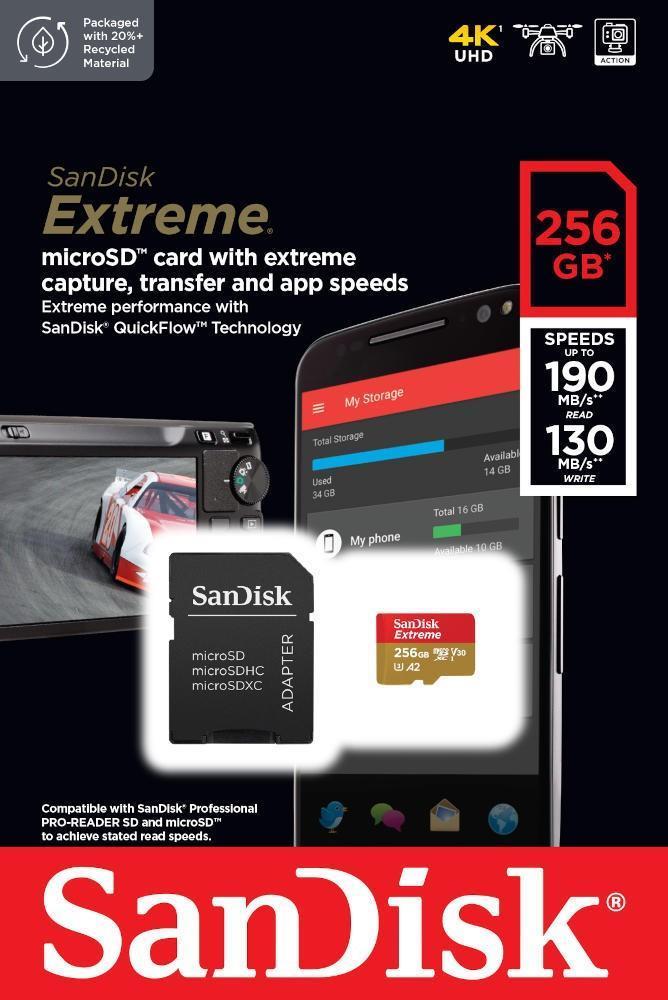 SanDisk Extreme - Flash-Speicherkarte (microSDXC-an-SD-Adapter inbegriffen) - 256GB - A2 / Video Class V30 / UHS-I U3 / Class10 - microSDXC UHS-I (SDSQXAV-256G-GN6MA)