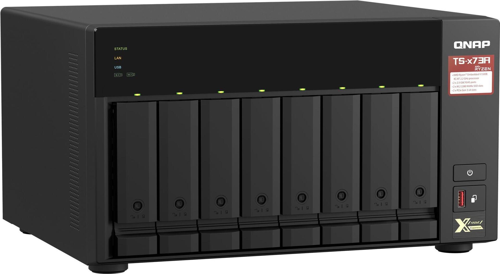 QNAP 8-bay NAS, AMD Ryzen V1000 series V1500B 4C/8T 2.2GHz, 8GB DDR4 RAM (2 x SODIMM slots, max. 64GB, optional ECC RAM support), 8x SATA 6Gb/s bays, 2x M.2 NVMe PCIe Gen3 SSD slots, 2 x 2.5GbE LAN, optional 10GbE, 2x PCIe 3.0 x 4 slots, USB 3.2 Gen2 Type