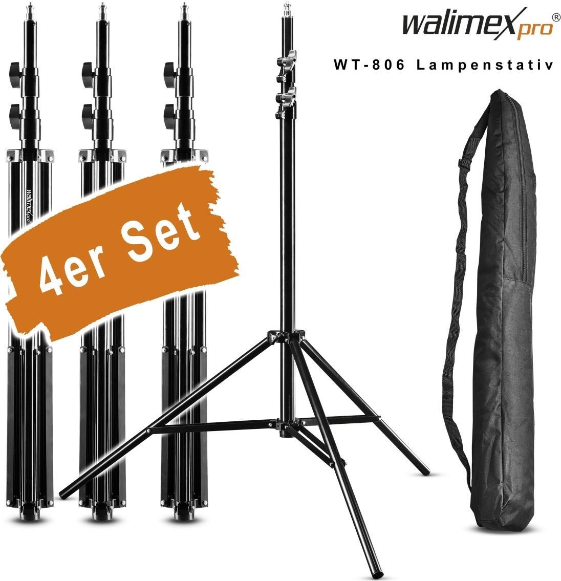 Walimex pro 4x Lampenstativ WT-806 mit Federdämpfung I Höhe max. 256cm I stabiles Lichtstativ belastbar bis 6kg I Beleuchtungsstativ für Ringlicht, Reflektor, Blitz & Video I 3/8 Adapter & 4 Taschen (1020305)